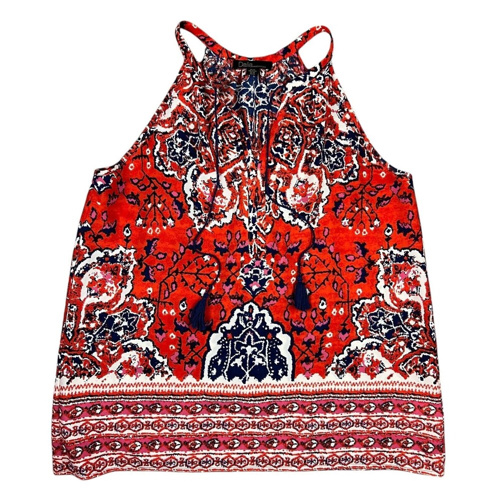 Dalia Women's Red & Blue Ikat Print Boho Split V-Neck Tank Top Size M Summer